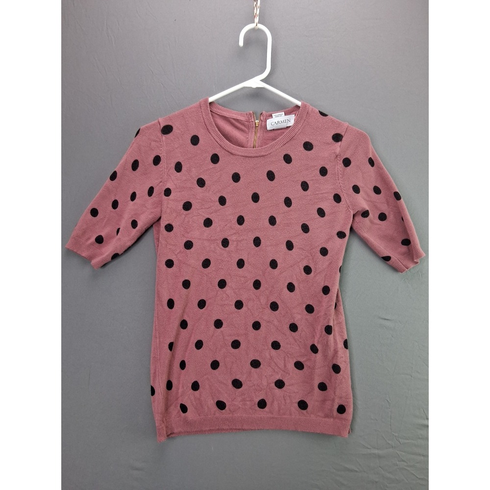 Carmen Marc Valvo Polka Dot Sweater Womens XS Pink Black Back Zip Short Sleeve